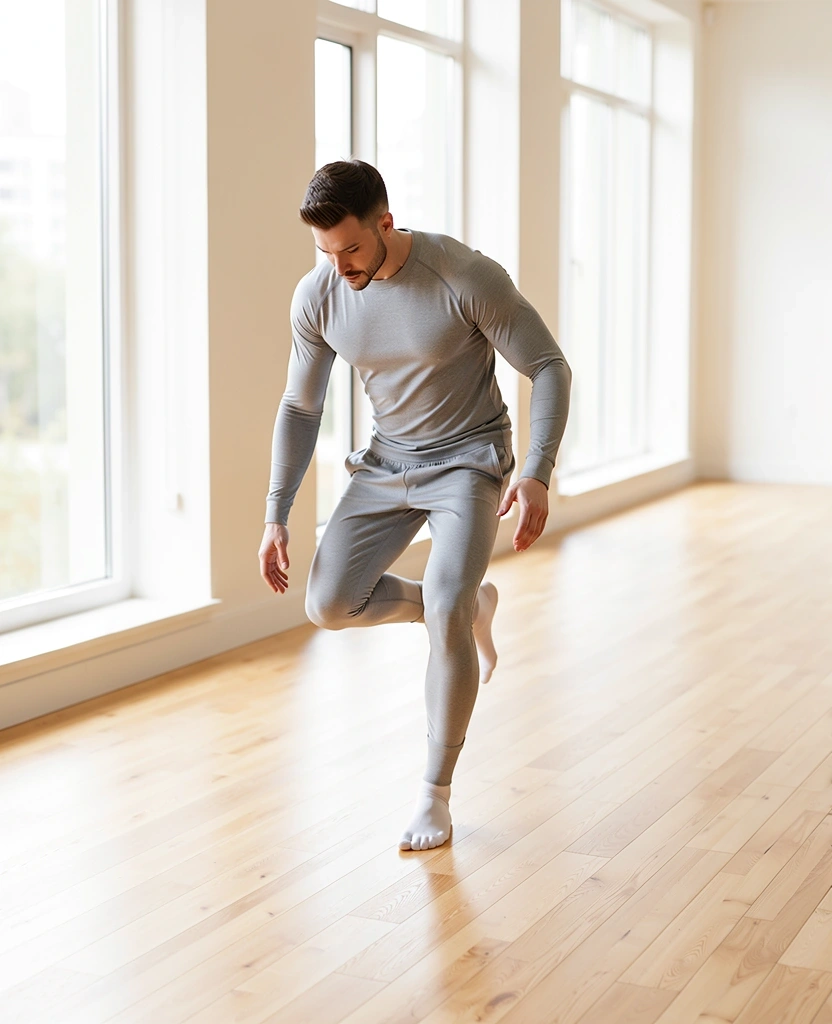 Mann bei konzentrierten Bewegungsübungen in hellem Studio